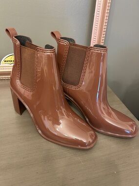 Jeffrey Campbell Brown Patent Chelsea Block Heel Ankle Boots